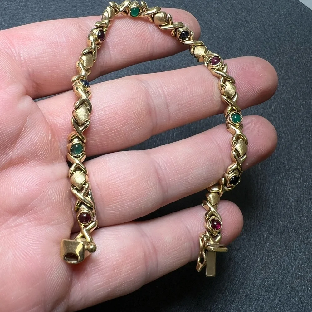 14K Gold Bracelet with Sapphires, Rubies and Emerald Cabochon Accents